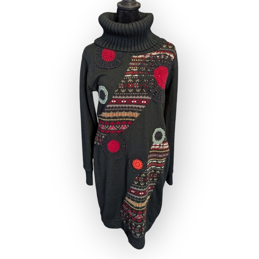 Boho Black Wine Turtleneck Sweater Dress
